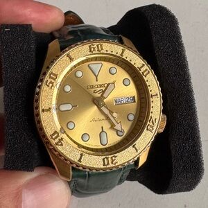 Seiko SRPE74 Seiko 5 Sports Men's Gold-Tone 42.5mm Leather Strap